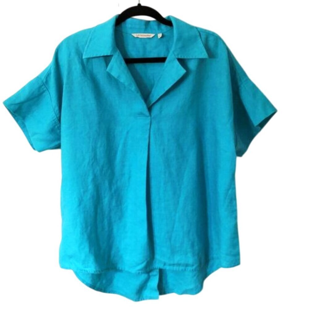 Soft Surroundings 100% Linen Hi-Pointe Short Sleeve Shirt In Aruba Blue Size L